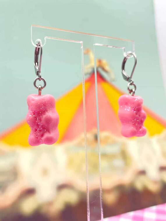Boucles d'oreilles en pâte polymère (Fimo®) - bonbons nounours roses – Image 3