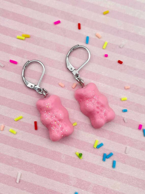Boucles d'oreilles en pâte polymère Fimo® bonbons nounours roses avec paillettes