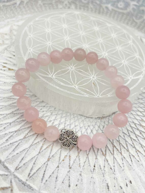 Bracelet en pierres naturelles de quartz rose trèfle